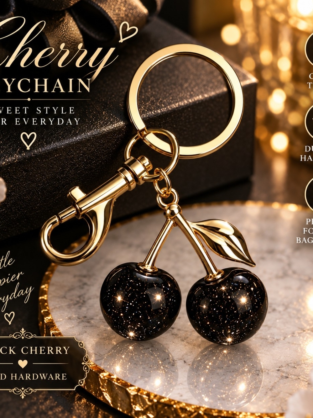 Gold Black Cherry Keychain Charm - Elegant Woman Jewelry Accessory!!